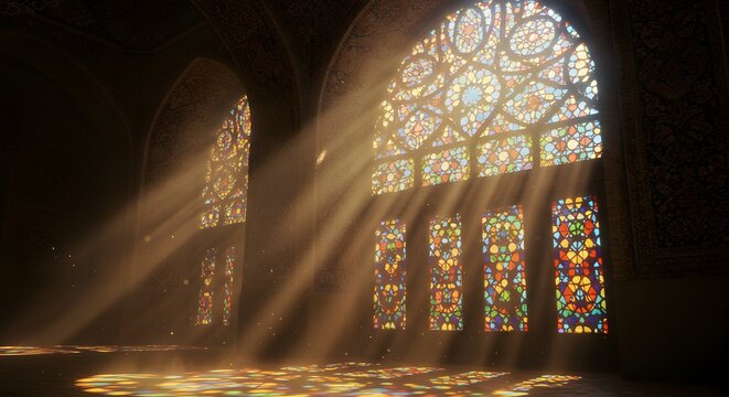 Golden sunbeams through vibrant stained glass windows illuminate a majestic, ancient hall, casting colorful patterns on the floor.