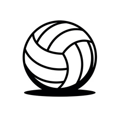A stylized black and white illustration of a volleyball with curved lines indicating movement.