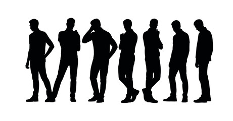 A diverse group of male silhouettes stands against a stark white background in various contemplative poses.