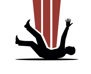 A silhouette of a person falling downwards with arms outstretched, against a red striped background.