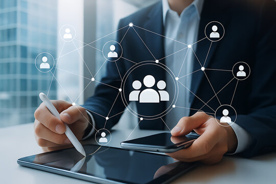 Businessman working with smartphone and tablet showing holographic network of connected people symbolizing digital communication teamwork