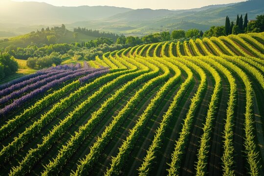 A picturesque Tuscan landscape featuring vibrant green vineyards and purple lavender fields stretching across rolling hills under a golden sky. - Powered by Adobe