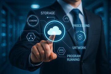 Futuristic cloud computing interface with businessman innovating secure digital storage and modern technology network solutions