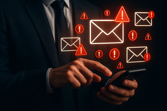 Mobile data security and protection shown by smartphone displaying email scam warnings symbolizing cyber threats and risk
