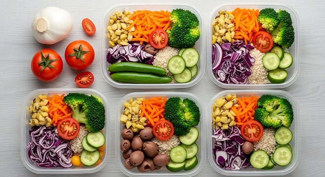 Overhead view of six meal prep containers filled with vegetables and grains on a white surface - Powered by Adobe