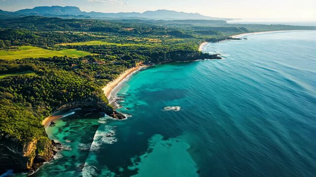Aerial view of the coastline in New South WalesAustraliashowing turquoise waterssandy beachesand lush green forest