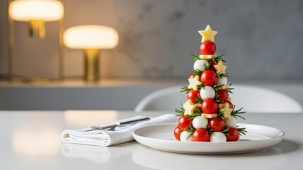 Starter or appetizer from cheese, mozzarella and cherry tomatoes in shape of christmas tree. Holidays food concept. Restaurants holiday poster with copy space, ideas for table setting