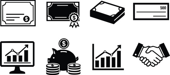 Financial icons including certificate money book check graph piggy bank and handshake vector illustration