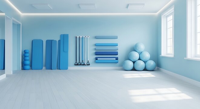 A light blue gym with yoga mats exercise balls and resistance bands in a bright and clean room