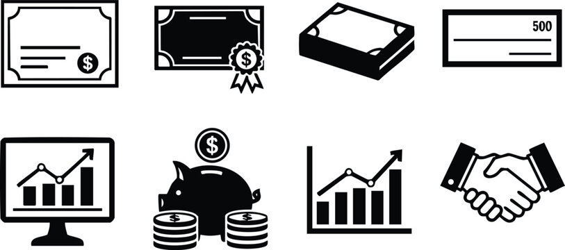 Financial icons including certificate money book check graph piggy bank and handshake vector illustration