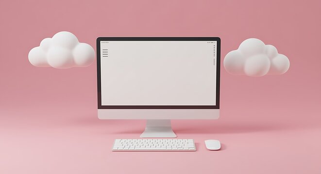 Minimalist desktop setup with fluffy clouds on pastel pink background backdrop - Powered by Adobe