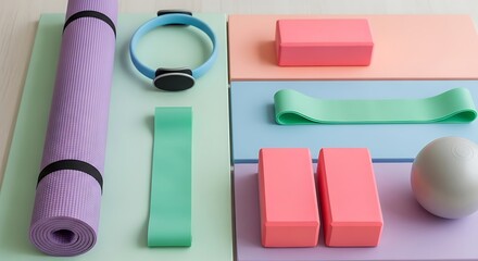 Arrangement of yoga mat, ring, blocks, bands and ball on pastel colored platforms for fitness and exercise