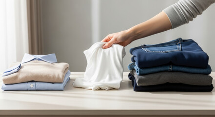 A person with light skin and long hair organizes folded clothes on a table. Neatly stacked shirts and pants are arranged in various colors.