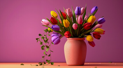 A vase filled with colorful tulips against a pink background