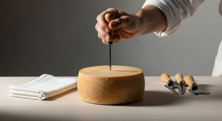 A hand holding a cheese knife is cutting into a round cheese wheel on a wooden table. Nearby, there are cheese tools and a white cloth.
