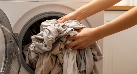 Hands placing a pile of wrinkled, light-colored laundry into a washing machine. The scene is set in a bright laundry room with natural light.