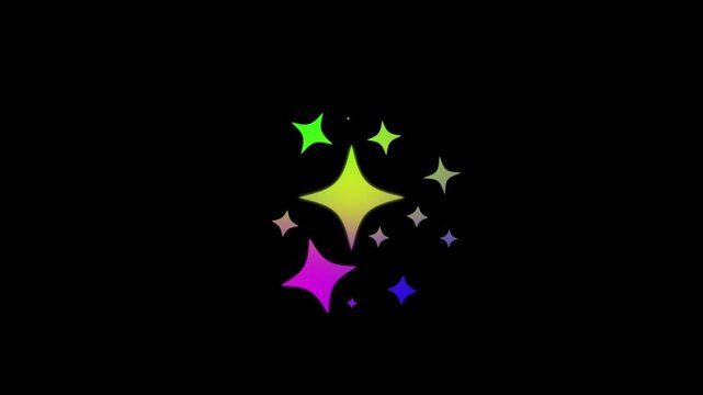 Twinkling stars animation. fast line glitter motion, Gradient cartoon blinking stars, flat vector doodle sparkle, glowing light trails, 2D shining twinkle effect on black screen background.
