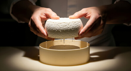 Hands of a chef holding a round cheese above a mold. The scene is dimly lit, emphasizing the texture of the cheese and the chef's focused expression.