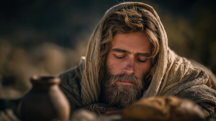 Elijah resting beneath the desert broom tree with an angel beside him in soft divine light.