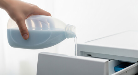 A hand pours liquid detergent from a plastic bottle into a washing machine drawer. The setting is bright and clean, emphasizing laundry care.