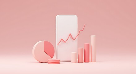 Pink financial graph on smartphone with statistics chart and bar chart