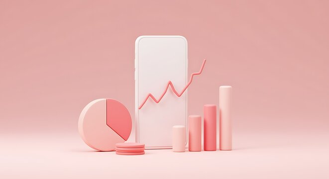 Pink financial graph on smartphone with statistics chart and bar chart