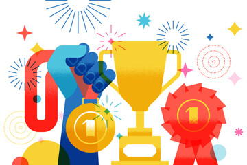 Vector gold medal in hand, champion trophy cup. Award prize design elements championship winners, ranking, competitions