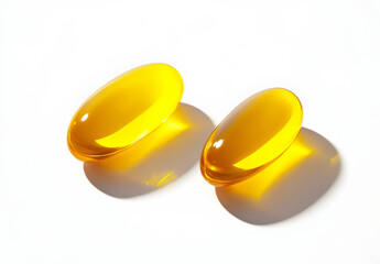  Pile of Yellow Softgel Capsules Omega 3 Vitamins on White Background Macro View - isolated 