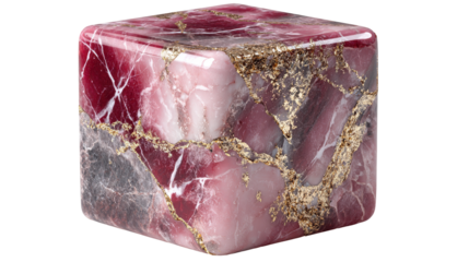 Square decorative paperweight with pink, gold, and gray marble pattern, on transparent background
