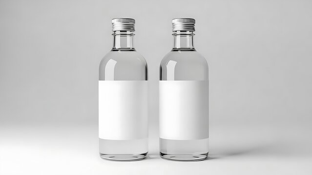 Two transparent glass bottles with blank labels and silver caps