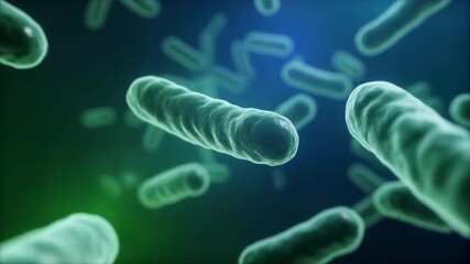 Ultra-realistic microscopic footage of bacteria activity in a fluid medium, highlighting cellular structure and motion