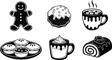 Black and white vector of gingerbread man cupcakes coffee and pastry items
