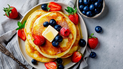 A plate of pancakes with blueberries and strawberries topped with butter and a pat of butter on a table with a bowl of blueberrries