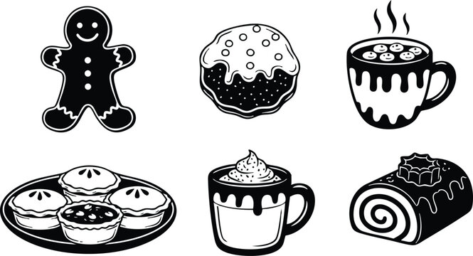 Black and white vector of gingerbread man cupcakes coffee and pastry items