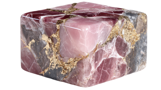 Square decorative paperweight with pink, gold, and gray marble pattern, on transparent background