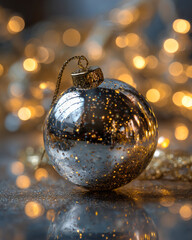 a glossy silver Christmas bauble, reflecting tiny specks of light, surrounded by a soft, dreamy bokeh background of out-of-focus Christmas lights, festive holiday atmosphere, cinematic lighting,