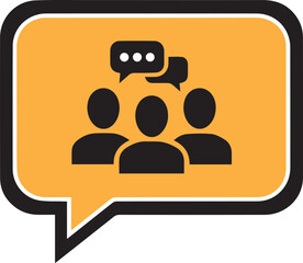 Three black silhouette figures in conversation inside a yellow speech bubble with black outline discussion