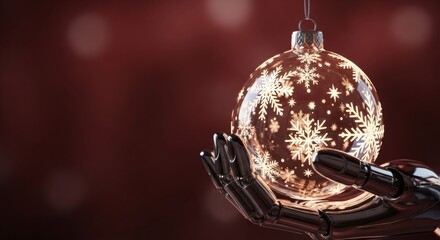 Metallic robot human-like hand holding glowing Christmas ornament with snowflakes pattern. Red blurred background with copy space. Technology, AI and progress during winter holidays