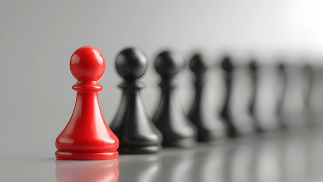 Red pawn represents a leader who stands apart from the rest of the group black pawns. Competitive environment idea win team pawn. Leadership red chess pieces. Chess pawn individuality and strategy.
