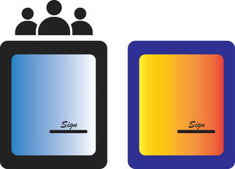Two graphic icons one with three black people silhouettes above a blue gradient screen with the word Sign and a line below it and another with a yellow orange gradient screen with the word