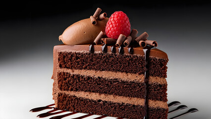 Decadent multi layer chocolate cake slice with fresh raspberry topping.