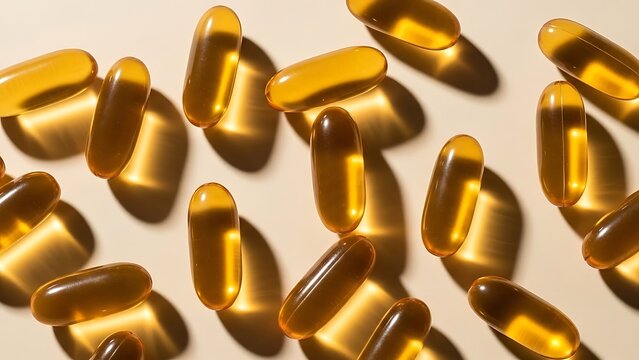 Golden omega-3 softgel capsules on light background with shadows