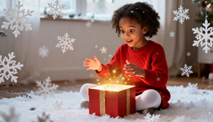 Surprised African American girl opening a magical glowing Christmas gift box. Happy child sitting on floor with snowflakes and sparkles. Holiday miracle concept