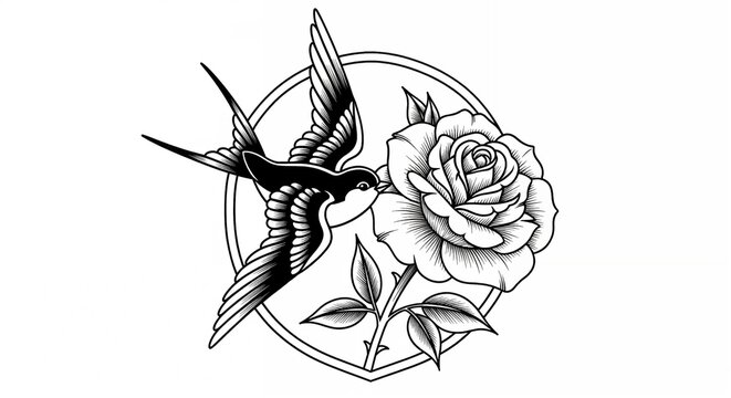 Old school swallow tattoo. A black and white drawing of a bird and rose in a circle, ideal for tattoo design inspiration, romantic art prints, and minimalist nature themes. - Powered by Adobe
