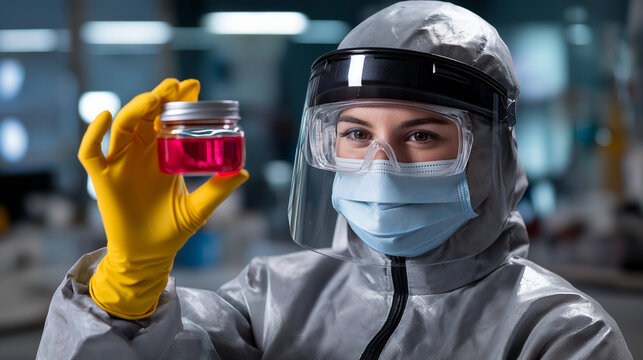 Healthcare specialist in full protective gear holding specimen container with red fluid in medical facility, with copy space