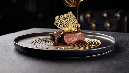 drizzle technique showcasing premium chocolate sauce patterns over perfectly seared beef tenderloin with golden garnish on elegant black ceramic plate in luxury restaurant