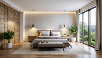 Elegant modern bedroom interior with natural light from a large window, creating a tranquil sanctuary for relaxation and restful sleep