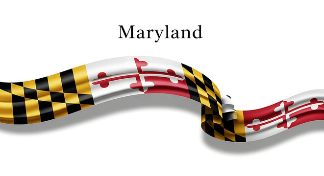 Waving maryland flag ribbon design with state name text on white background
