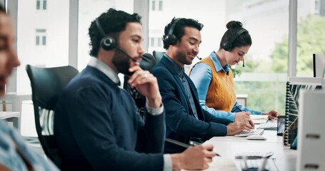 Computer, fist bump and advice with business people in call center for system integration or orientation. Training, thank you and hotline with employee team in customer service office for support - Powered by Adobe