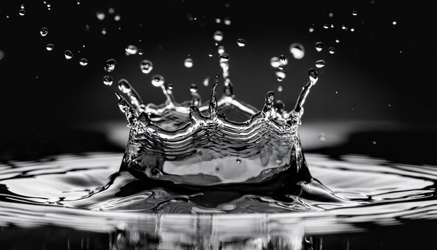 liquid crown water formations with multiple droplets creating symmetrical splash patterns captured in stunning black and white macro photography